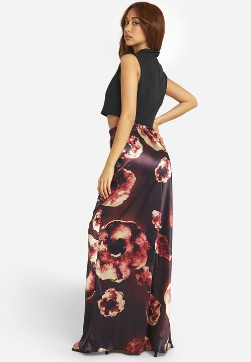 boohoo - Blurred floral print satin bias maxi skirt - dark mauve