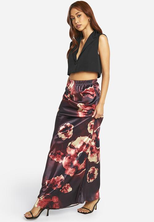 boohoo - Blurred floral print satin bias maxi skirt - dark mauve