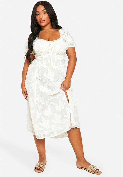 boohoo - Plus Burnout Milkmaid Midi Dress - White