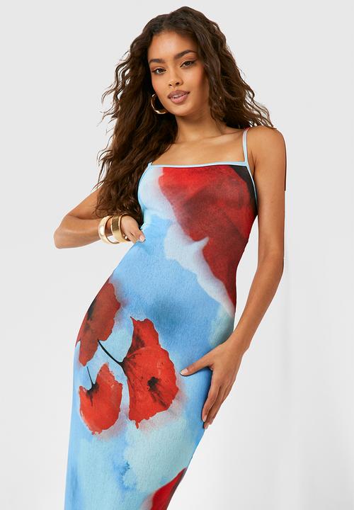 boohoo - Sheer floral strappy maxi dress - blue
