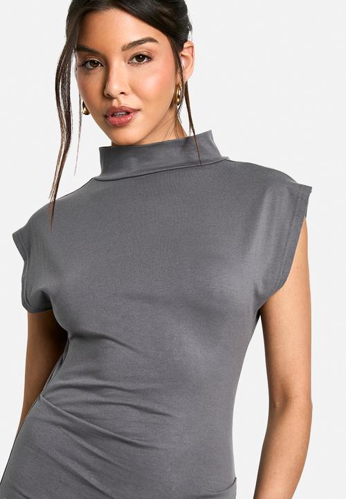 boohoo - Ruched high neck midaxi dress - charcoal