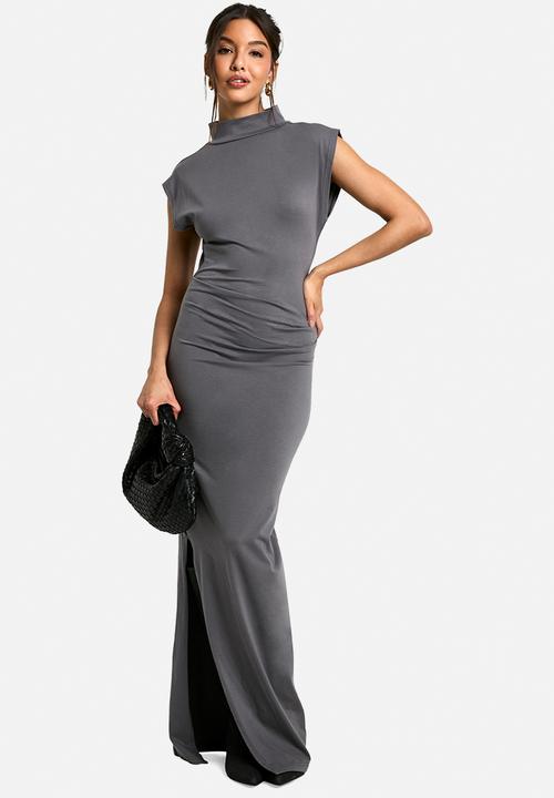 boohoo - Ruched high neck midaxi dress - charcoal