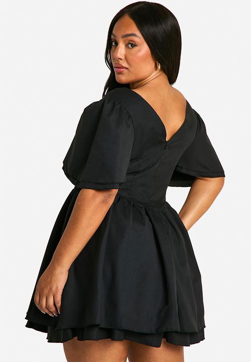 boohoo - Plus woven bodice ruffle sleeve skater dress -  black