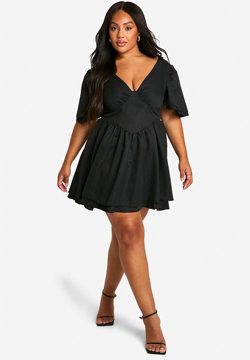 boohoo - Plus woven bodice ruffle sleeve skater dress -  black