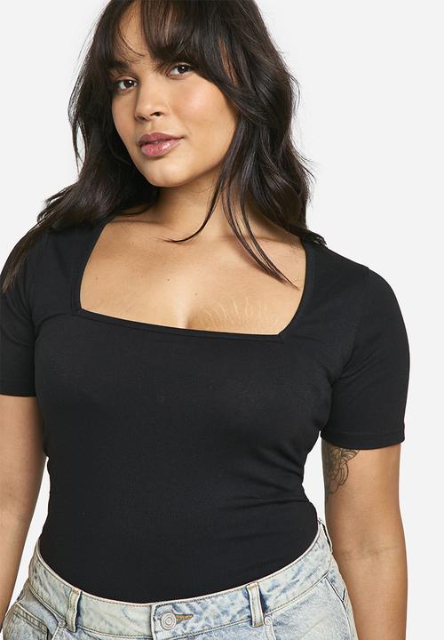 boohoo - Boohoo Basics Plus Cotton Square Neck Short Sleeve Bodysuit - Black