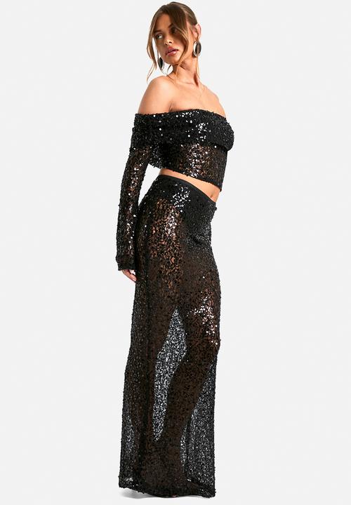 boohoo - Sequin beaded lace maxi skirt - black