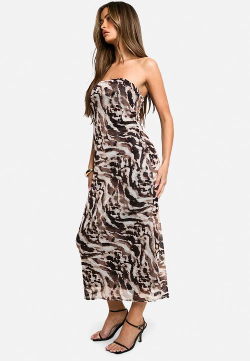boohoo - Bandeau printed mesh midaxi dress - brown
