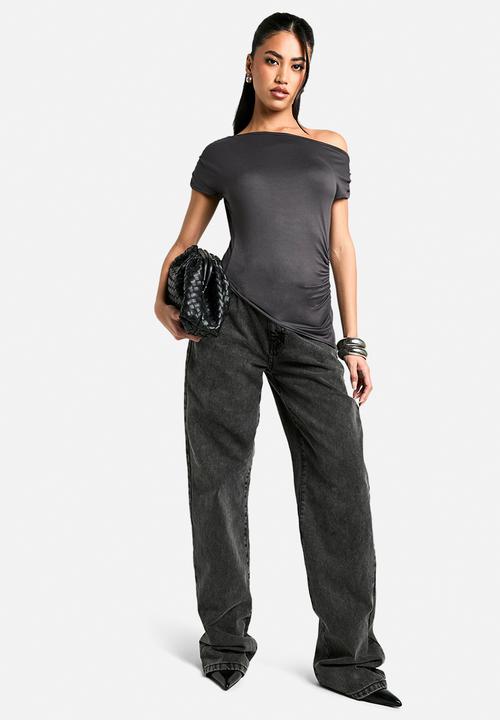 Supersoft drape off shoulder ruched top - charcoal