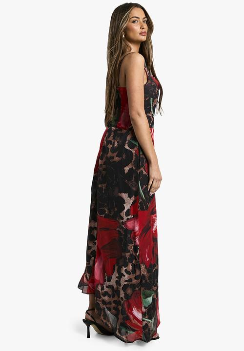 boohoo - Leopard floral mix chiffon corset maxi dress - multi