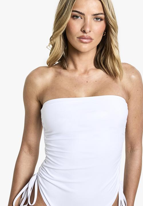 boohoo - Beaded ruched swimsuit - white