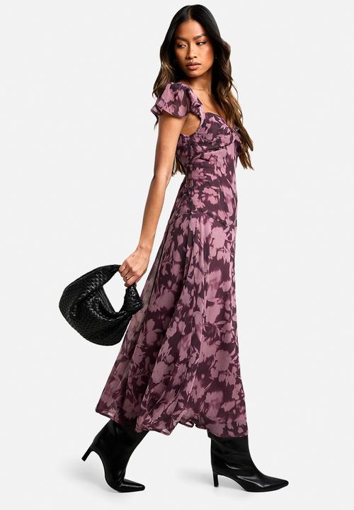 boohoo - Floral long sleeve twist front midaxi dress - purple
