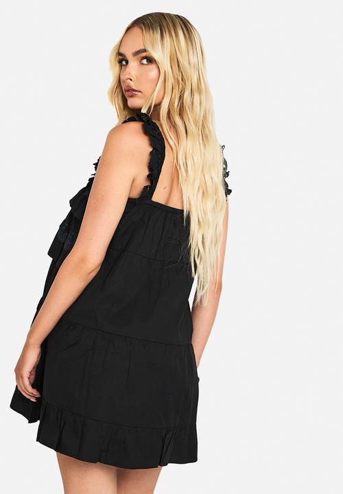boohoo - Cotton layered ruffle smock mini dress - black
