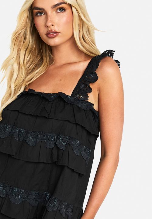 boohoo - Cotton layered ruffle smock mini dress - black