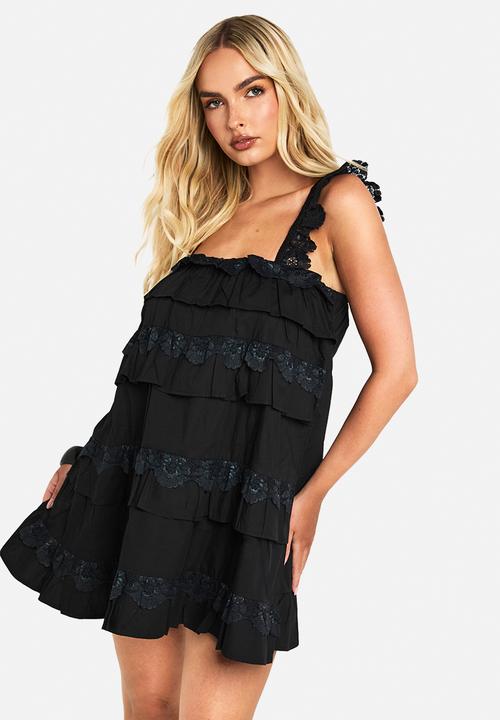 boohoo - Cotton layered ruffle smock mini dress - black