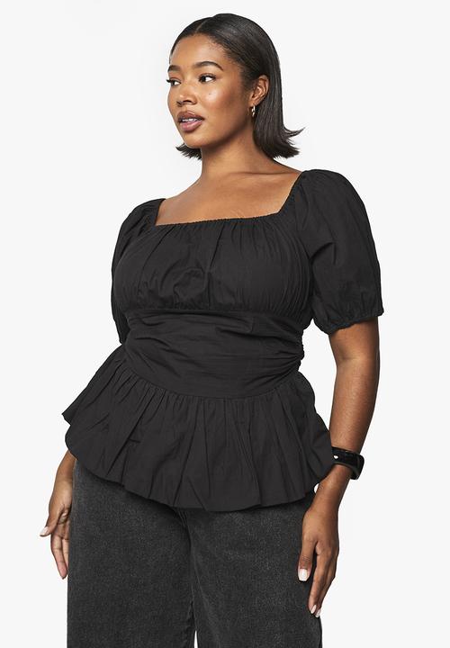 boohoo - Plus Cotton Puff Sleeve Blouse -  Black 