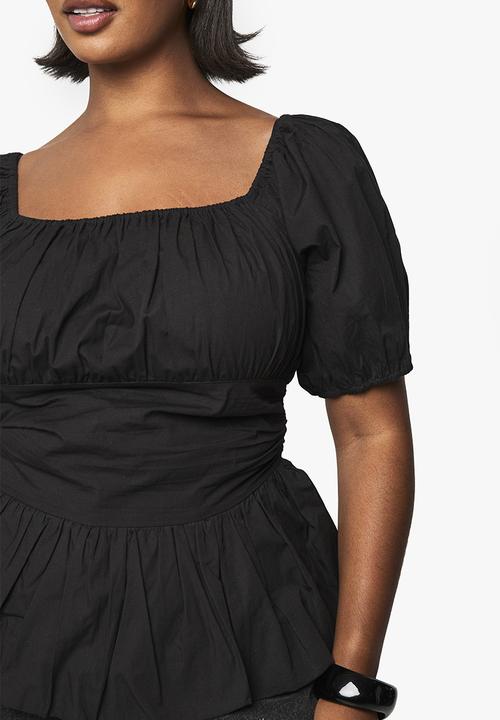 boohoo - Plus Cotton Puff Sleeve Blouse -  Black 