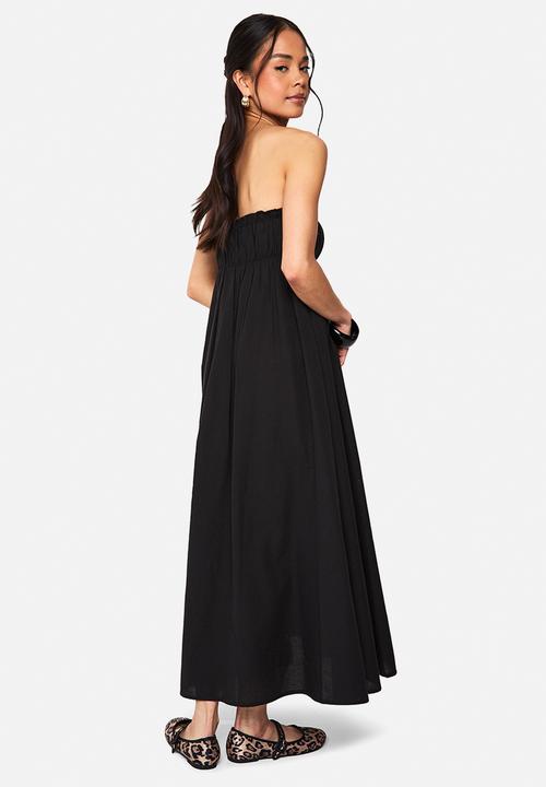boohoo - Linen shirred bandeau midaxi dress - black