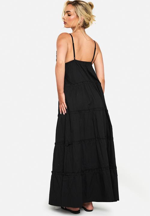 boohoo - Embroidered ruffle cotton maxi dress - black