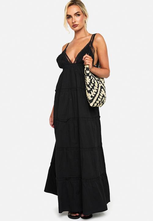 boohoo - Embroidered ruffle cotton maxi dress - black