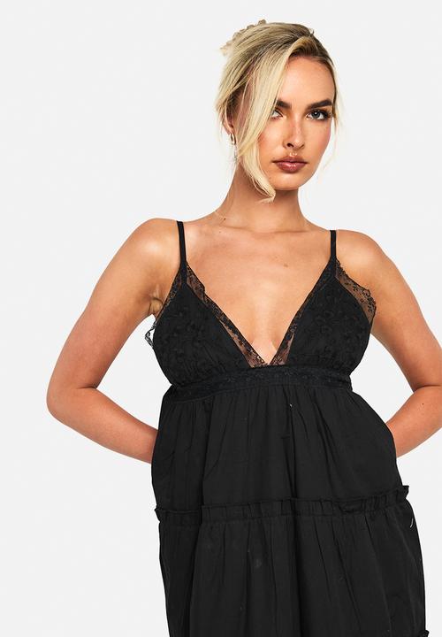 boohoo - Embroidered ruffle cotton maxi dress - black