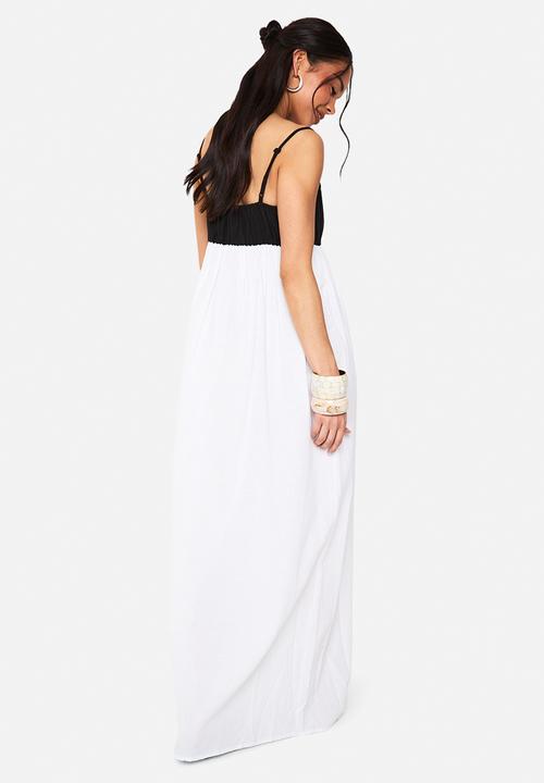 boohoo - Contrast linen smock maxi dress - black & white