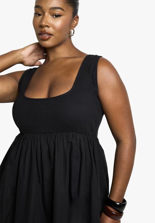 boohoo - Plus rib cotton poplin midaxi smock dress -  black