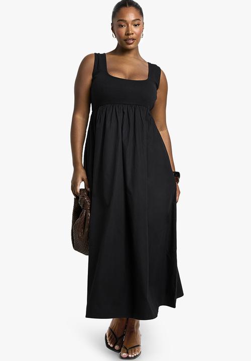 boohoo - Plus rib cotton poplin midaxi smock dress -  black