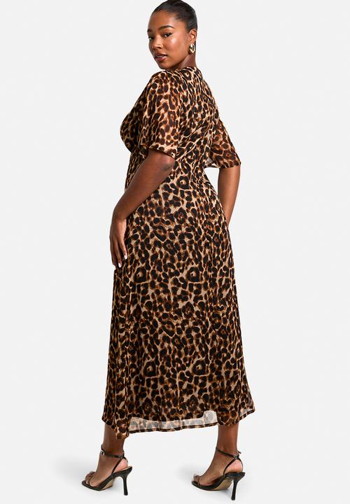 boohoo - Plus leopard chiffon midaxi dress - brown