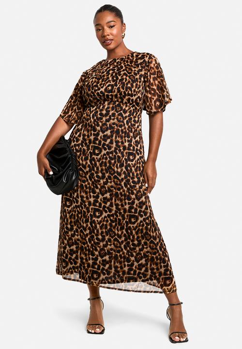 boohoo - Plus leopard chiffon midaxi dress - brown