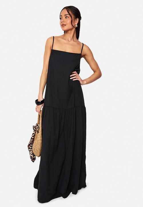 boohoo - Linen drop waist strappy maxi dress - black