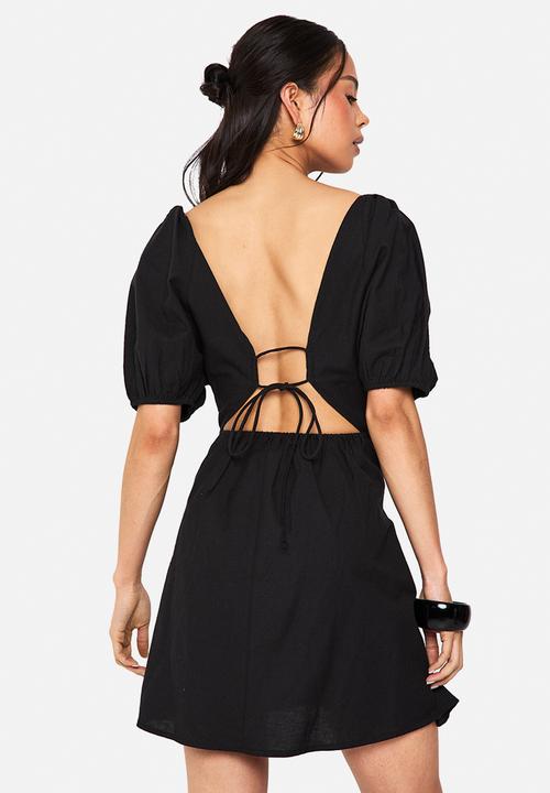 boohoo - Linen tie back mini dress - black