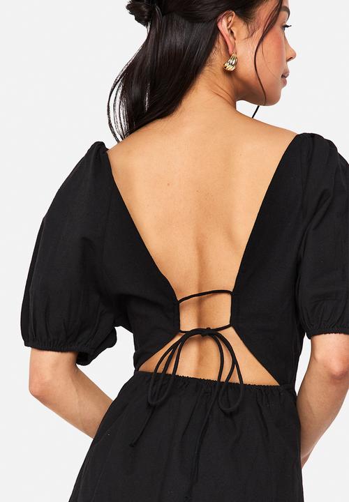 boohoo - Linen tie back mini dress - black