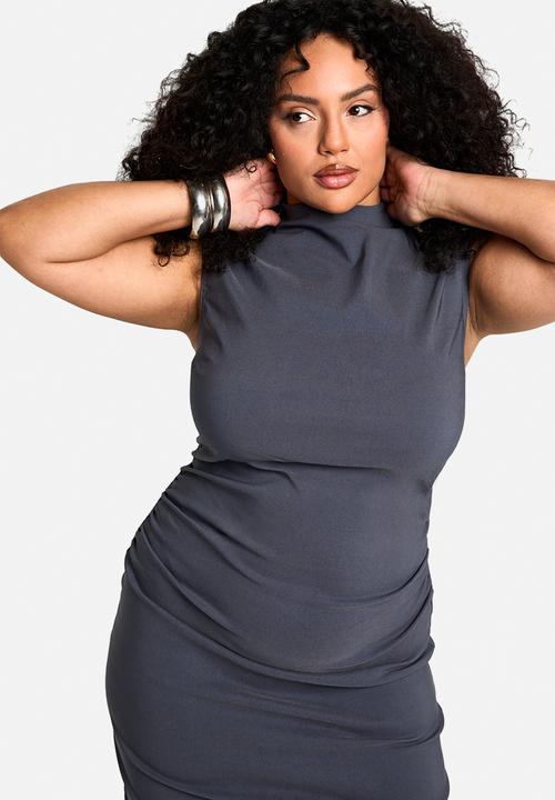 boohoo - Plus Bengaline Ruched High Neck Midi Dress - Charcoal
