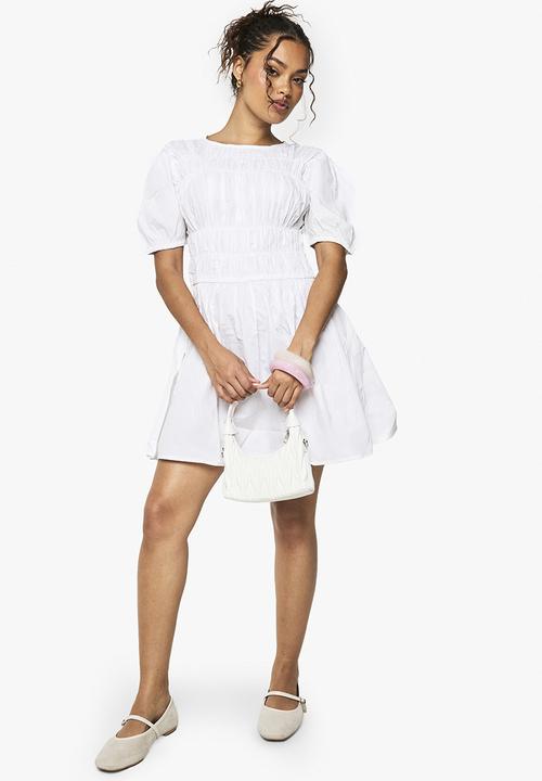 boohoo - Cotton poplin shirred mini dress -  white