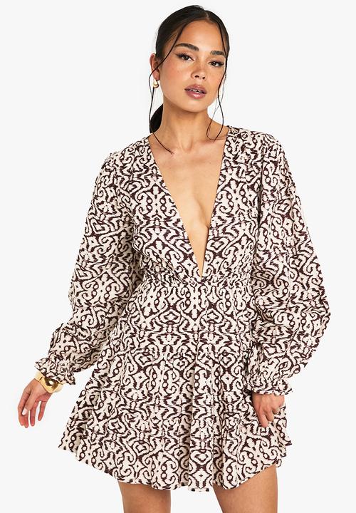 Printed linen look plunge long sleeve mini dress - chocolate