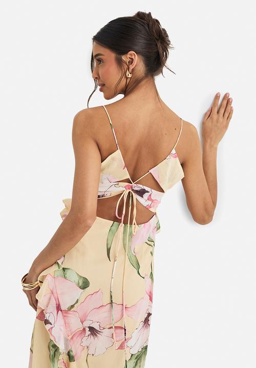 boohoo - Floral crinkle chiffon ruffle maxi dress - yellow