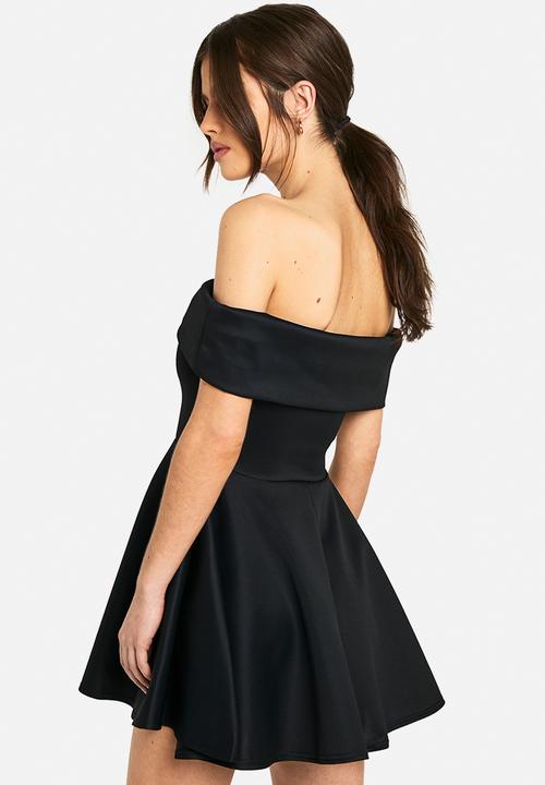 nude bonded scuba bardot skater dress Bonded sucba bardot volume skater mini dress