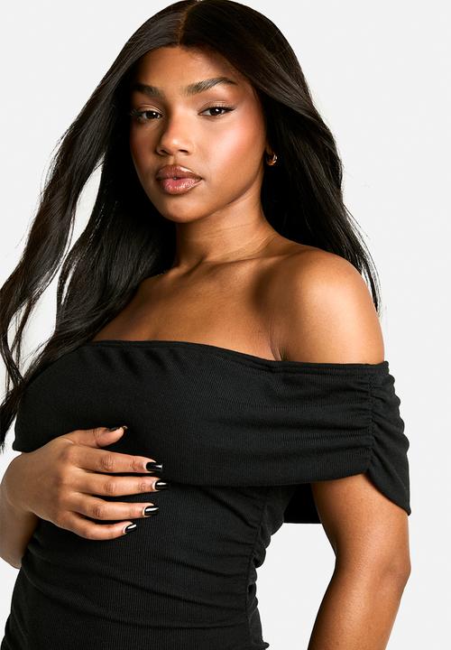 boohoo - Bardot ruched mini dress - black