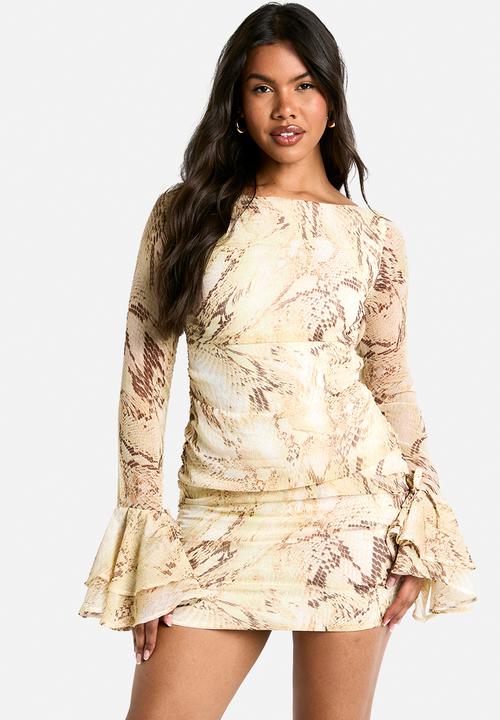 Snake chiffon ruffle mini dress - brown1