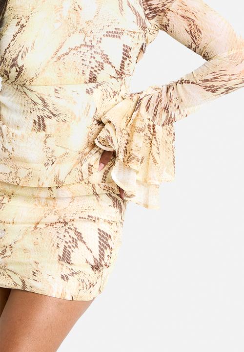 boohoo - Snake chiffon ruffle mini dress - brown