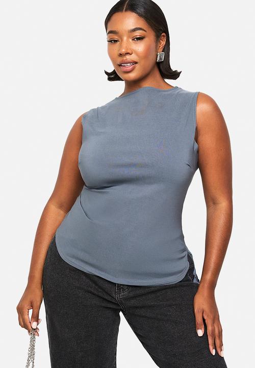 boohoo - Plus Bengaline Ruched Asymmetric Hem Top - Slate