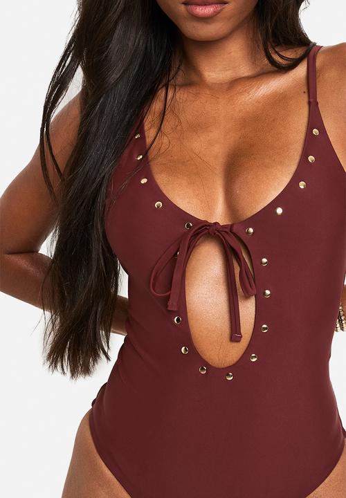 boohoo - Cut out studded swimsuit - chocolate