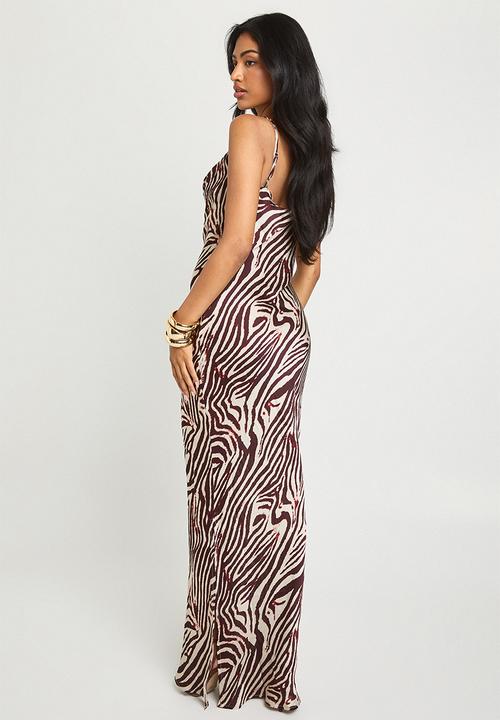 boohoo - Zebra strappy cowl neck maxi dress - brown
