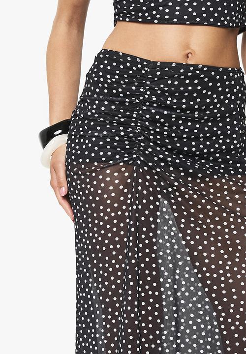 boohoo - Polka dot mesh ruched maxi skirt - black