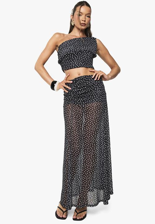 boohoo - Polka dot mesh ruched maxi skirt - black