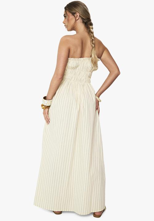 boohoo - Linen look stripe shirred maxi dress - stone