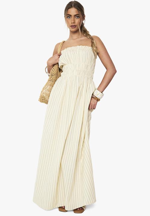 boohoo - Linen look stripe shirred maxi dress - stone
