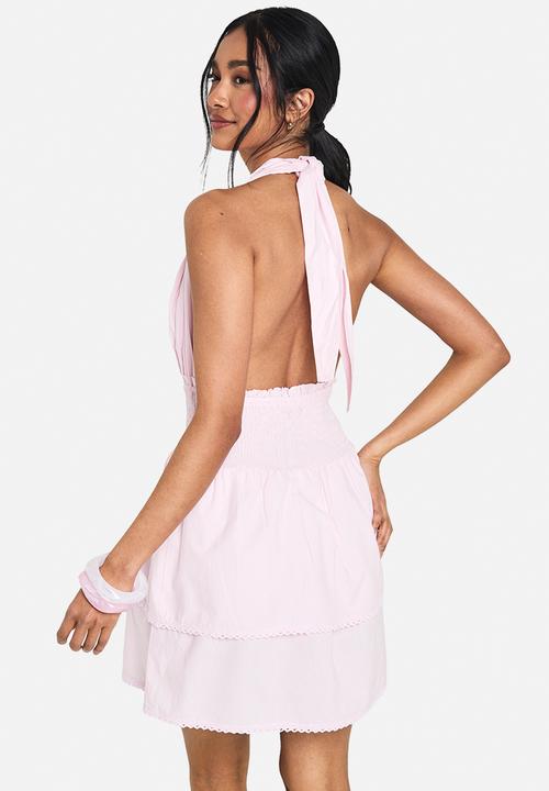 boohoo - Cotton ruffle halterneck mini dress - pink