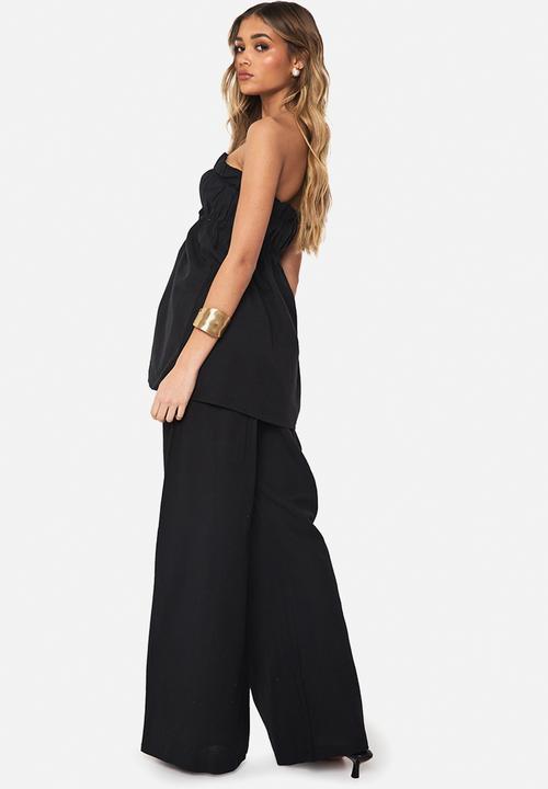 boohoo - Linen look longline bandeau and wide leg trouser co-ord - black