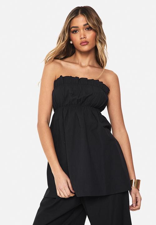 boohoo - Linen look longline bandeau and wide leg trouser co-ord - black
